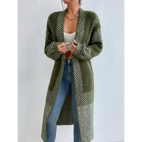 open front striped print fuzzy sweater knit duster cardigan green - Picture 5 of 7